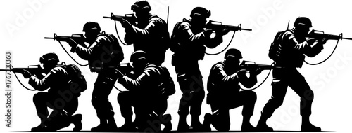 Black and white silhouette of armed soldiers standing on hill, military team with rifles, army patrol vector illustration background