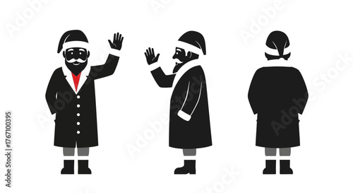 A friendly, bearded Black man dressed in a festive dark coat and hat waves, depicted in a clean, isolated vector illustration from multiple angles.