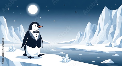 Penguin Wearing Tuxedo in Icy Landscape Under Moon and Stars