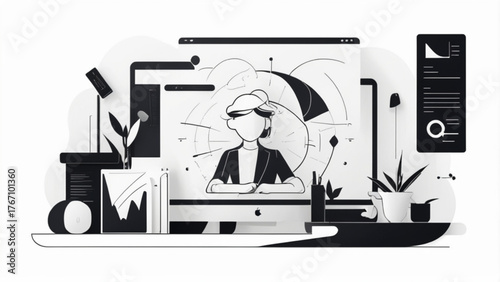 Black and white illustration of a woman seated at a desk, focused on her work with a thoughtful expression