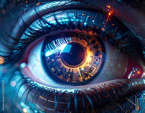Vision of Tomorrow: The intense gaze of a futuristic eye, with intricate technological circuits illuminating its iris. Symbolizing the convergence of humanity and technology.