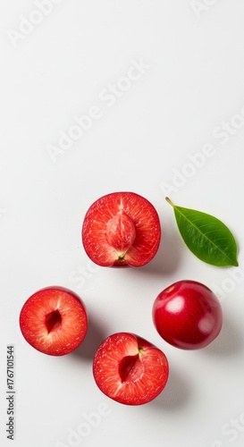 Fresh Kersen Fruit with Slices and Peel on a White Background