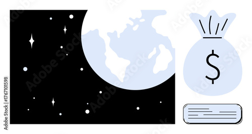 Earth in space, a money bag with a dollar sign, and financial paperwork. Ideal for global trade, investment, economy, wealth, finance, business sustainability simple flat metaphor