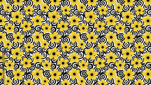 seamless floral pattern with bright yellow flowers and bold black spirals
