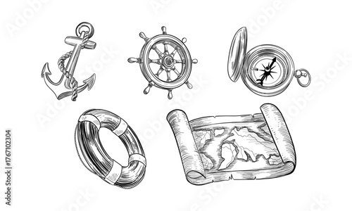 Set of isolated sketch of sea equipment. Ocean compass and vintage map, hand drawn ship or boat steering wheel and anchor, lifebuoy. Hand drawn sailing or pirate icon. Navigation and nautical theme
