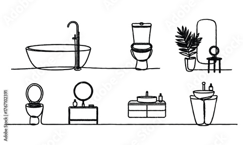 Modern bathroom interior design in continuous line drawing style vector