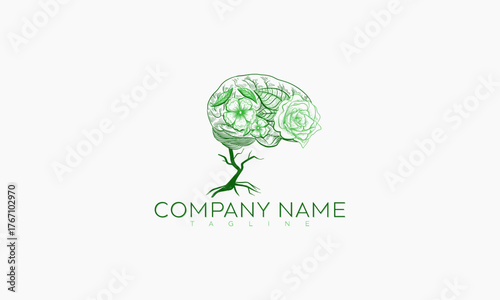 Green Brain with Flower and Leaves as a Tree