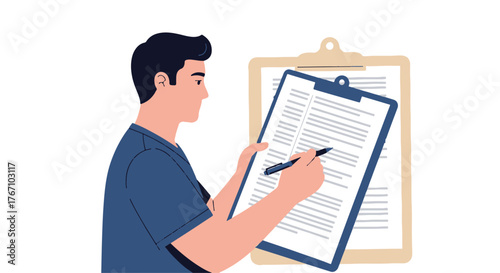 Focusing on essential Healthcare administration a person meticulously reviews and completes medical forms and patient assessment documents