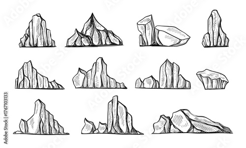 Set of isolated icebergs sketch or hand drawn mountains. Drifting frozen water or rocks. Antarctic ice peaks at ocean. Cold icicle. North and south pole, nature and crystal, cold and winter theme