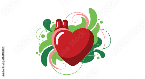 Vibrant illustration of a healthy anatomical heart, nestled in energetic abstract patterns, symbolizing life, wellness, and the core of modern Healthcare