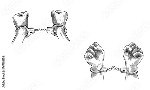 Vector Raising hands. Breaking steel shackles, chain. Get slave free. Concept of rescue, liberation, victory, fight, rebellion, protest. Sketch illustration