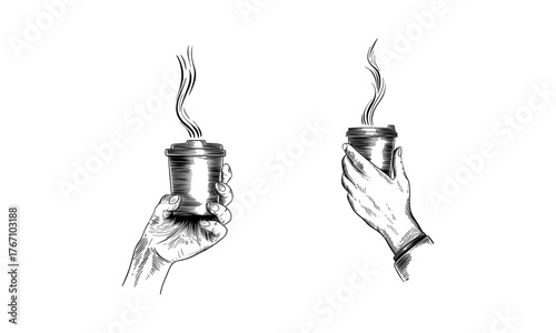Set of Hand holding a cup of coffee. Ink black and white drawing