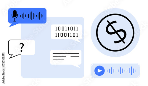 Speech bubble with microphone and waveform, binary code text, dollar sign icon, and audio playback element. Ideal for AI, fintech, communication, voice recognition, digital payment technology