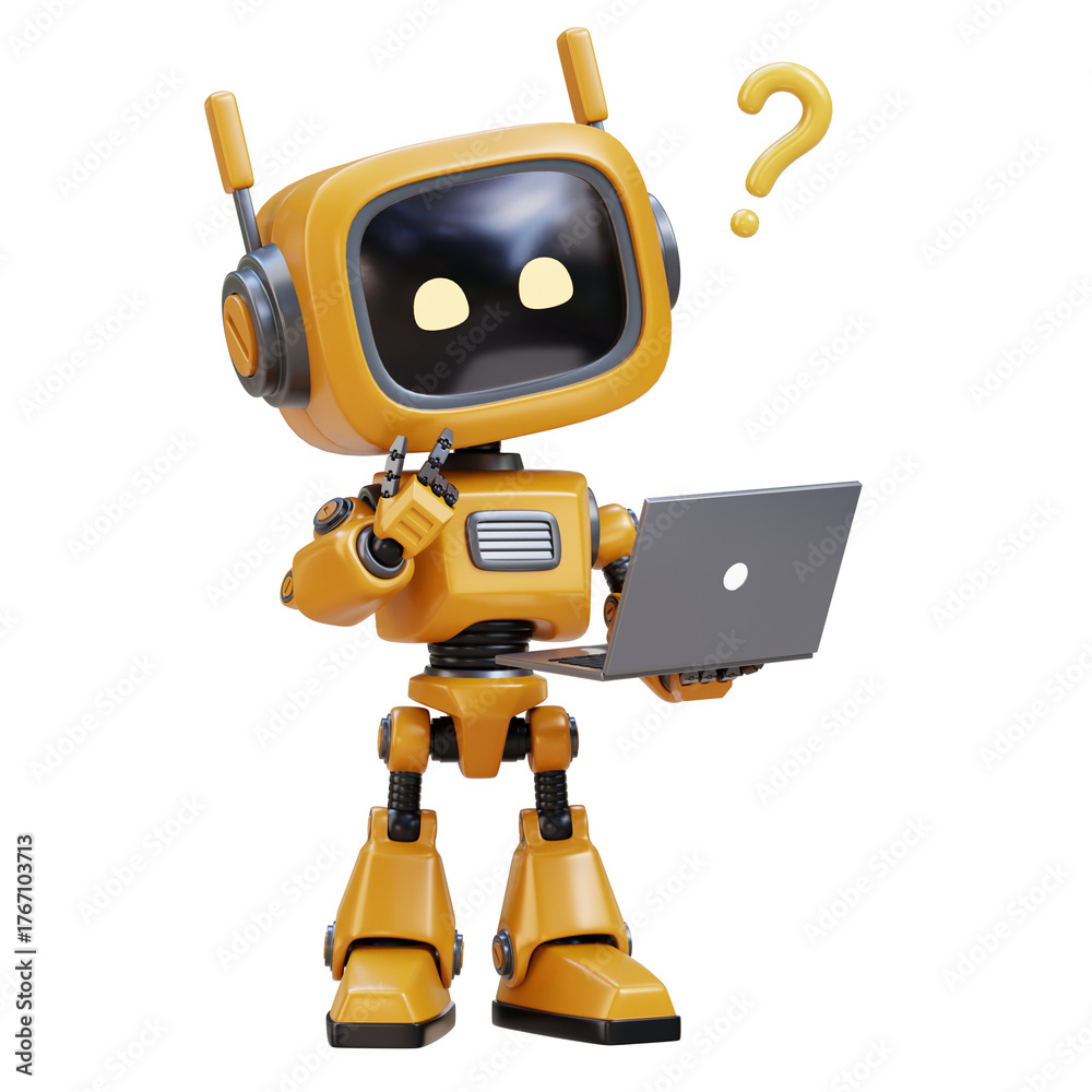 Fototapeta premium 3D Yellow Cute Robot Thinking with Question Mark and Laptop