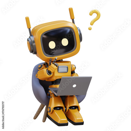 3D Yellow Cute Robot Thinking with Laptop and Question Mark