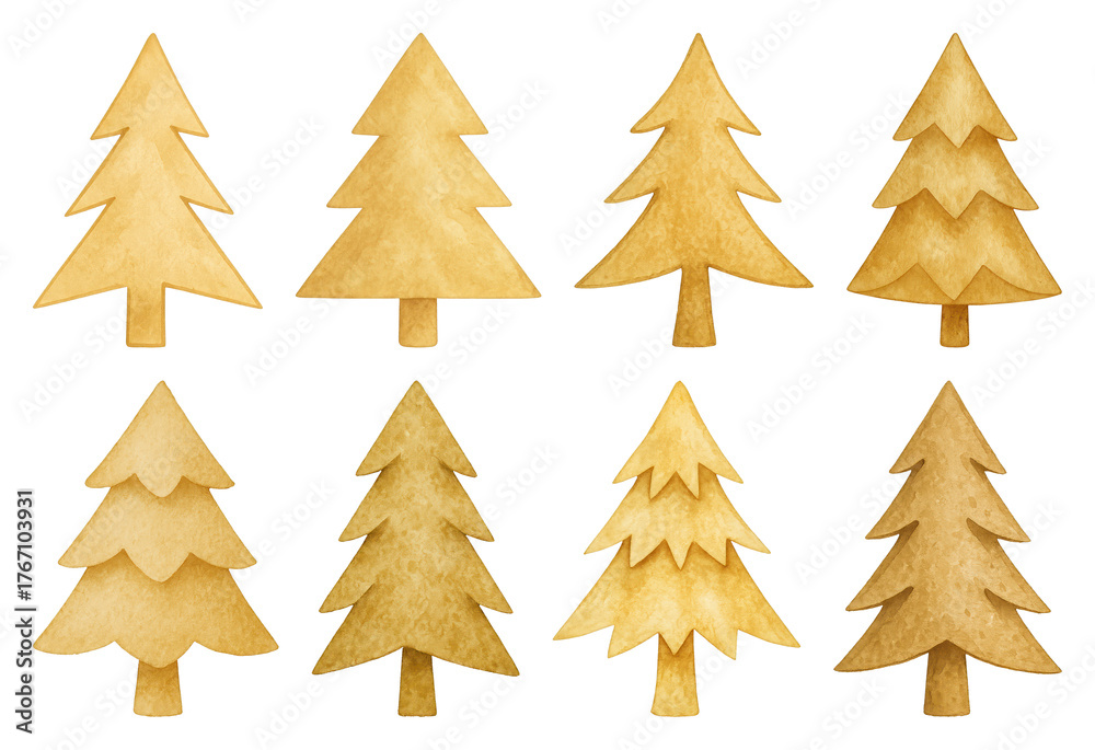 Fototapeta premium PNG Golden watercolor Christmas trees illustration, element set on transparent background