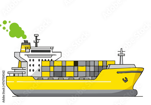 A stylized illustration depicts a yellow cargo ship emitting green smoke, labeled "Fast Green Aid." Clean lines and a bright color palette create a modern, impactful visual.