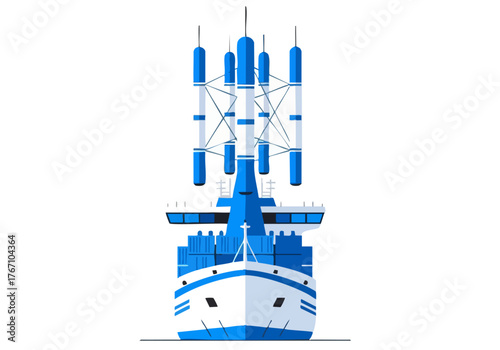 stylized illustration depicts a futuristic wind-powered ship -Wind Power Now- generating energy Clean lines bright blue and white color scheme modern design Ideal for renewable energy concepts