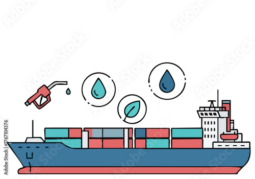 A stylized illustration depicts a container ship receiving methanol, highlighting sustainability with water and leaf icons. Modern, graphic design, perfect for business and logistics visuals.