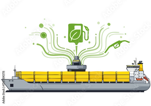 A stylized illustration depicts a large cargo ship incorporating solar panels, symbolizing ?Fast Green Aid?. A green leaf icon highlights sustainable fuel. Modern, clean design.