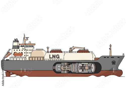 A stylized illustration of an LNG carrier, ?Sea Power Ease,? featuring a prominent, visible turbine. Clean lines and a modern aesthetic create a visually appealing design suitable for commercial use.