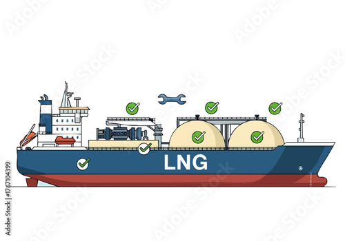 A stylized illustration of an LNG carrier ship with checkmarks on its tanks. Modern, flat design with a blue and red color scheme. Ideal for business, energy, and logistics visuals.