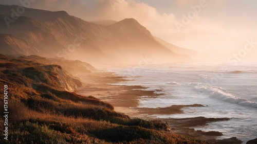 Misty coastal cliffs bathed in golden sunrise light with fog rolling over rugged shoreline, perfect for landscape photography and nature editorial content