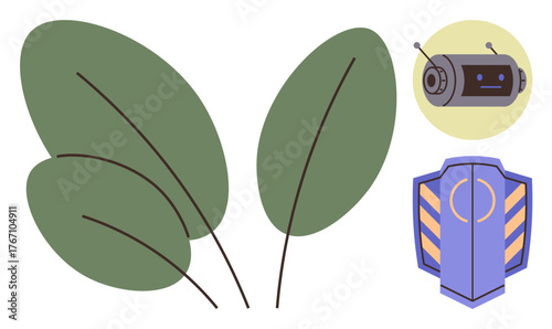 Three green leaves with minimalist lines, a robotic head with antennas, and a security badge icon. Ideal for nature technology, sustainability, robotics, environmental protection, innovation