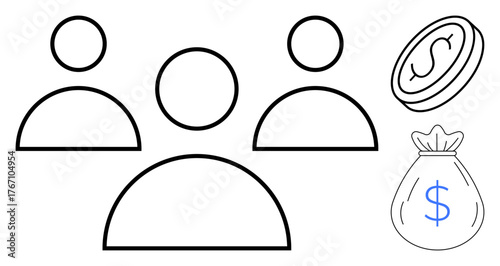 Three outlined people icons suggest collaboration, linked with a coin and a money bag symbolizing financial success or resource distribution. Ideal for teamwork, finance, business planning, economic