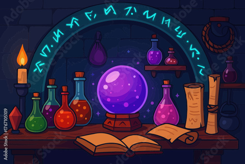 Vector of witch’s spell lab with crystal ball, potions, scrolls, and glowing runes