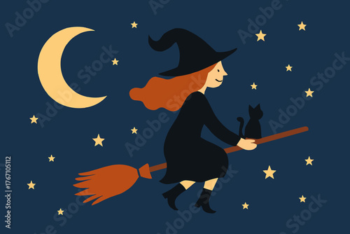 Flat vector of witch flying with black cat companion under crescent moon and stars