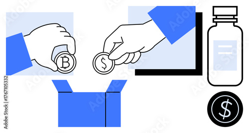 Hands holding coins marked with dollar and bitcoin, directing toward a box and a medicine bottle. Ideal for finance, cryptocurrency, donations, investment, e-commerce, healthcare, wealth exchange