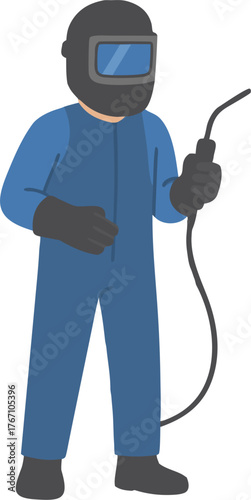 Skilled welder ready to get to work, wearing protective gear in blue overalls and gloves for safety