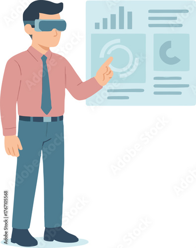 Man exploring augmented reality with interactive charts in modern digital future technology space