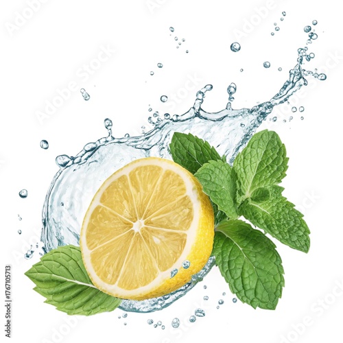 Fresh Lemon and Mint Leaves with Clear Water Splash