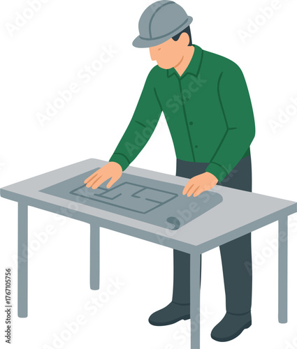 Architect reviewing blueprint plans for construction project on table wearing hardhat at site