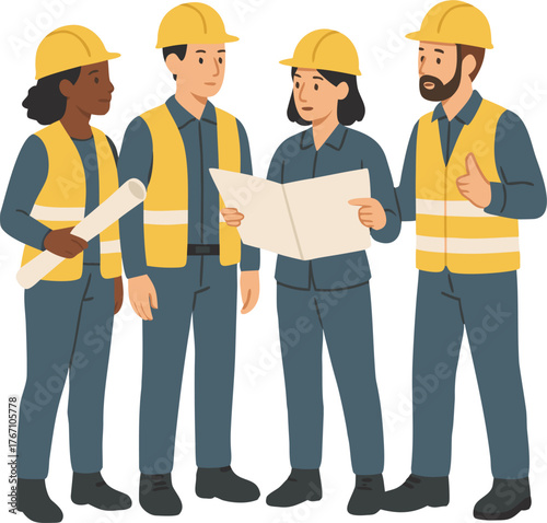 Diverse construction team planning project, collaboration, safety first, building a better future together