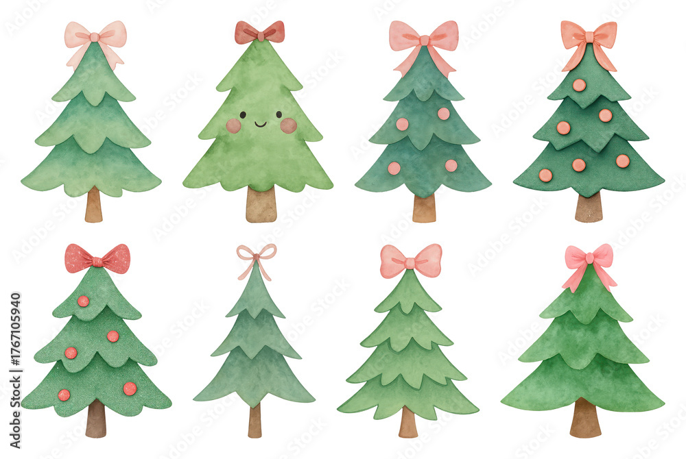 Fototapeta premium PNG Charming watercolor Christmas trees illustration, element set on transparent background