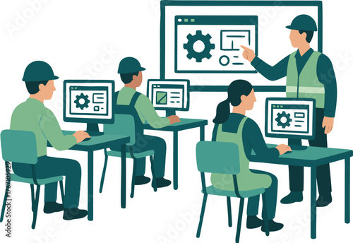 Construction workers training on computers in a modern classroom setting, enhancing skills and teamwork