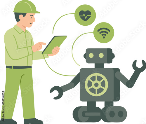 Modern engineer controlling robot with tablet for healthcare and wireless technology solutions