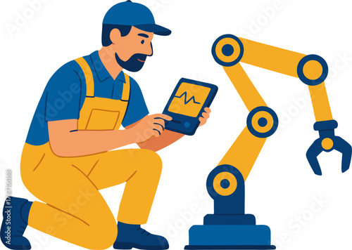 Professional robotic technician inspecting machinery performance with digital tablet for industrial solutions