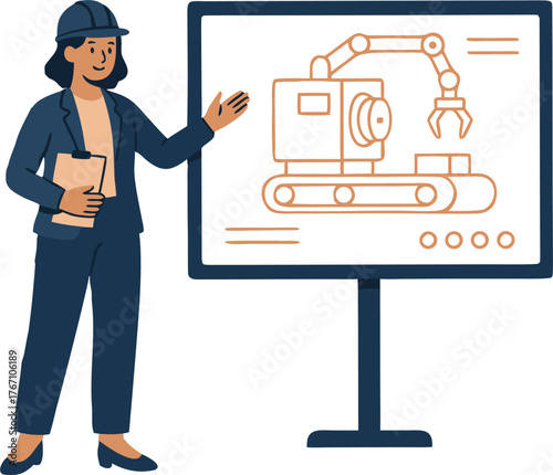 Dynamic female engineer presenting industrial automation design with confidence and expertise
