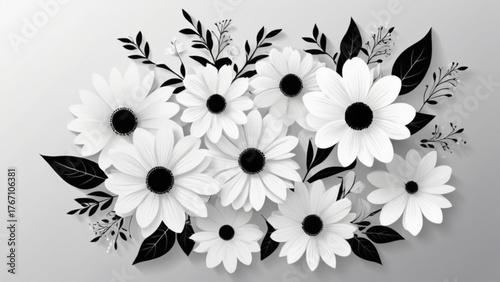 Black and white flowers arranged artistically on a soft gray background, creating a striking monochrome effect