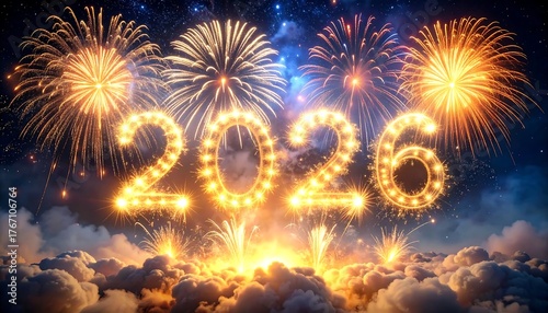 New Year 2026 Celebration Fireworks Display Over Clouds.