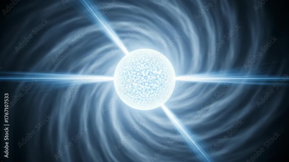 A celestial body with radiating beams, swirling gases and nebulous backdrop in vibrant blue and white