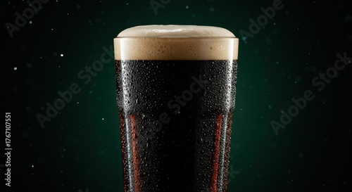 Refreshing dark beer in a glass with water droplets against a moody dark green background perfect for st patricks day celebration