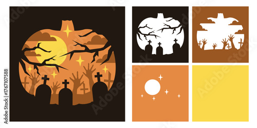 Vector layered paper cut Halloween night design with pumpkin shape. 3D shadow box or tunnel card. Spooky autumn holiday template for paper cutting