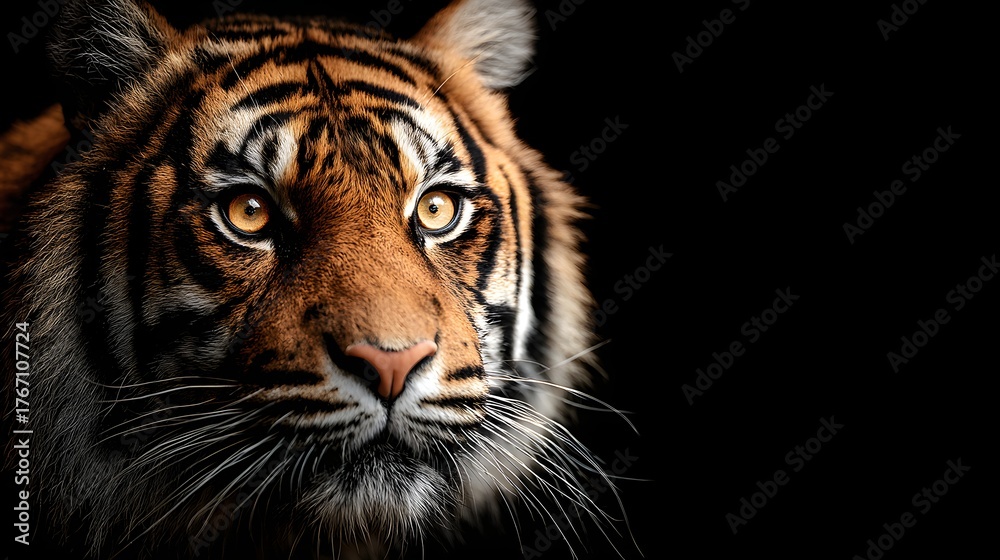 Obraz premium Intense close up portrait of a majestic feline predator against a stark black background