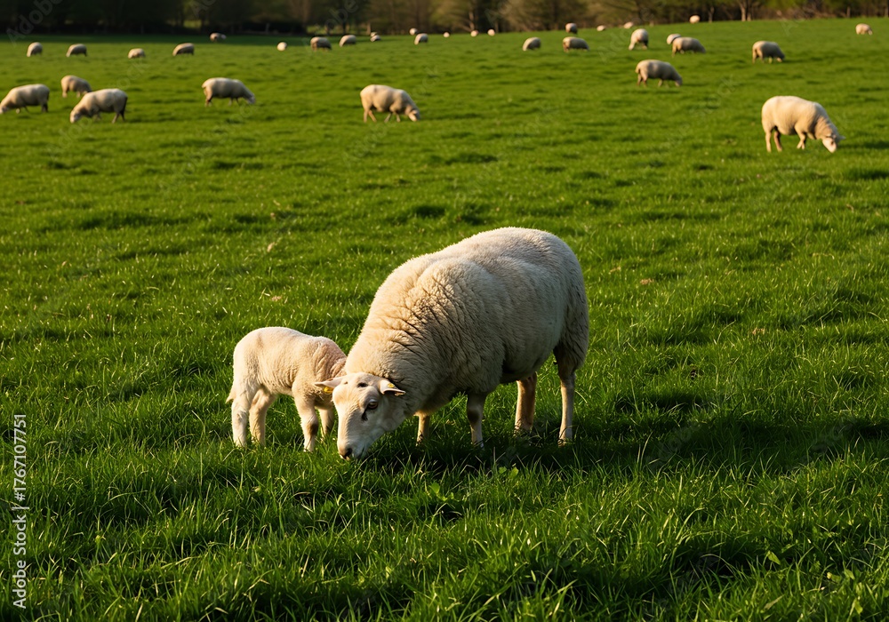 Fototapeta premium A Mother Sheep and Her Lamb Grazing in a Lush Green Field Under the Warm Sun.