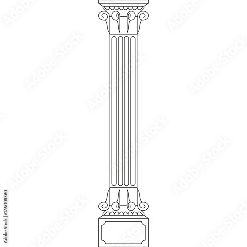 Black and White Line Drawing of a Classical Architectural Column with Ornate Capital and Base on a Transparent Background